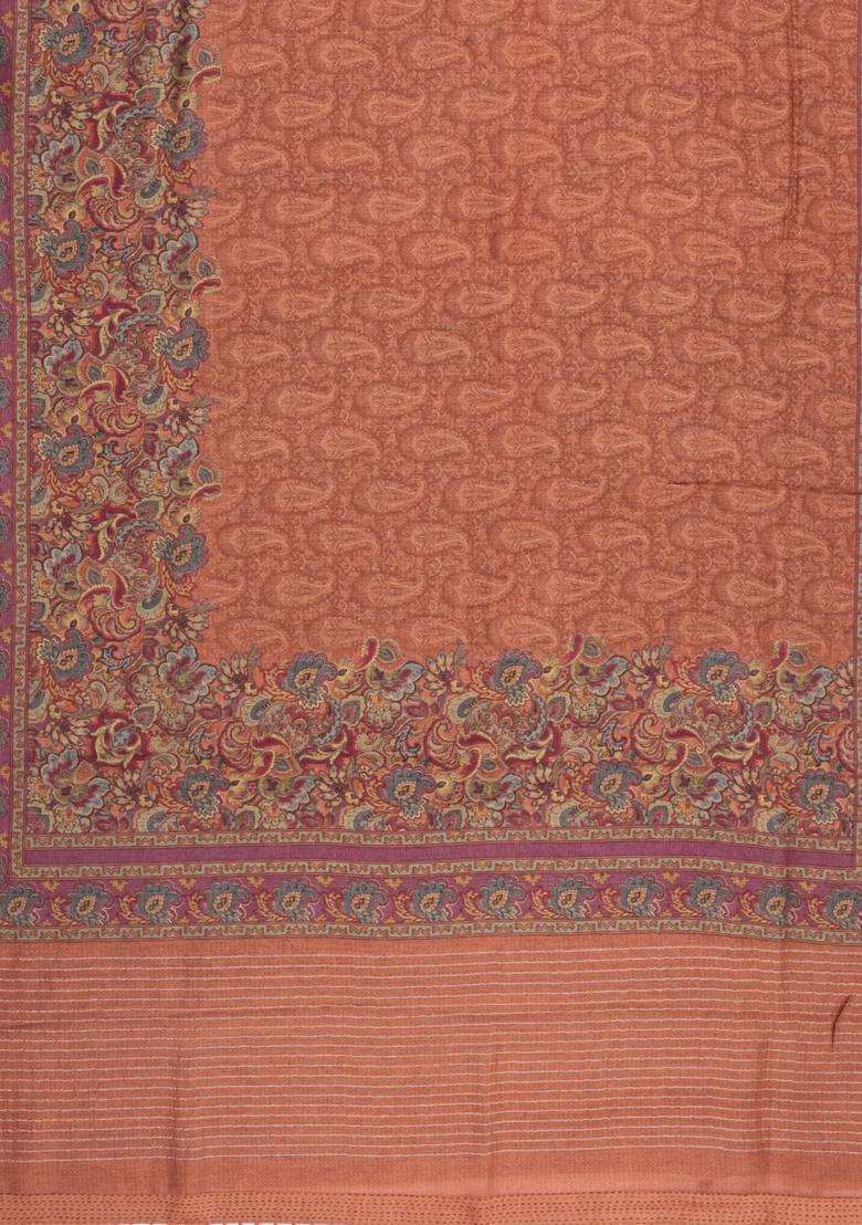 Rust Printed Tussar Silk Saree With Floral Motifs For Women - Indya