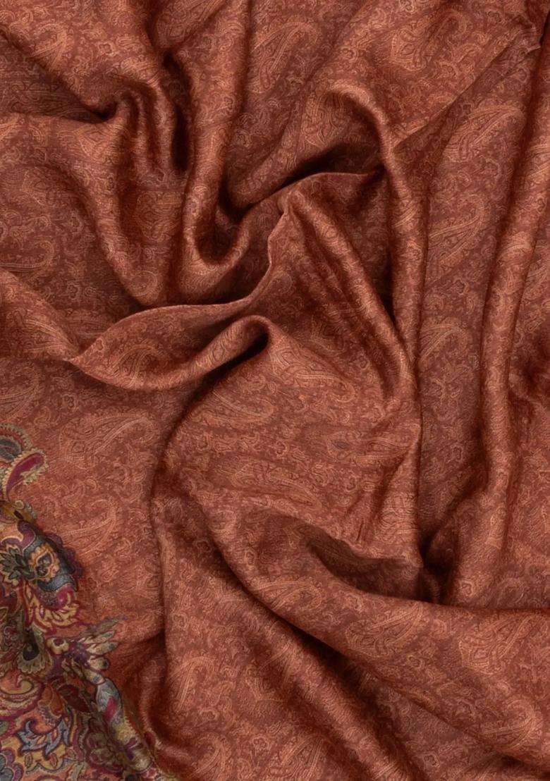 Rust Printed Tussar Silk Saree With Floral Motifs For Women - Indya