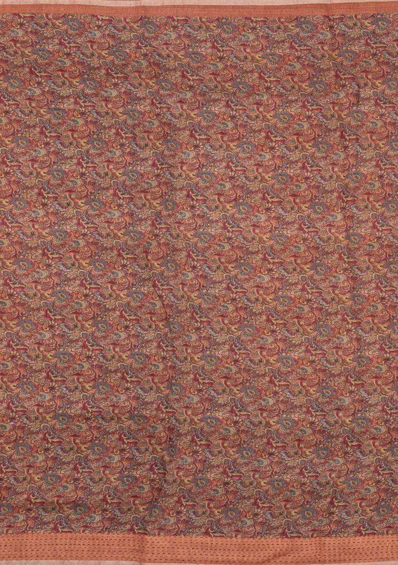Rust Printed Tussar Silk Saree With Floral Motifs For Women - Indya
