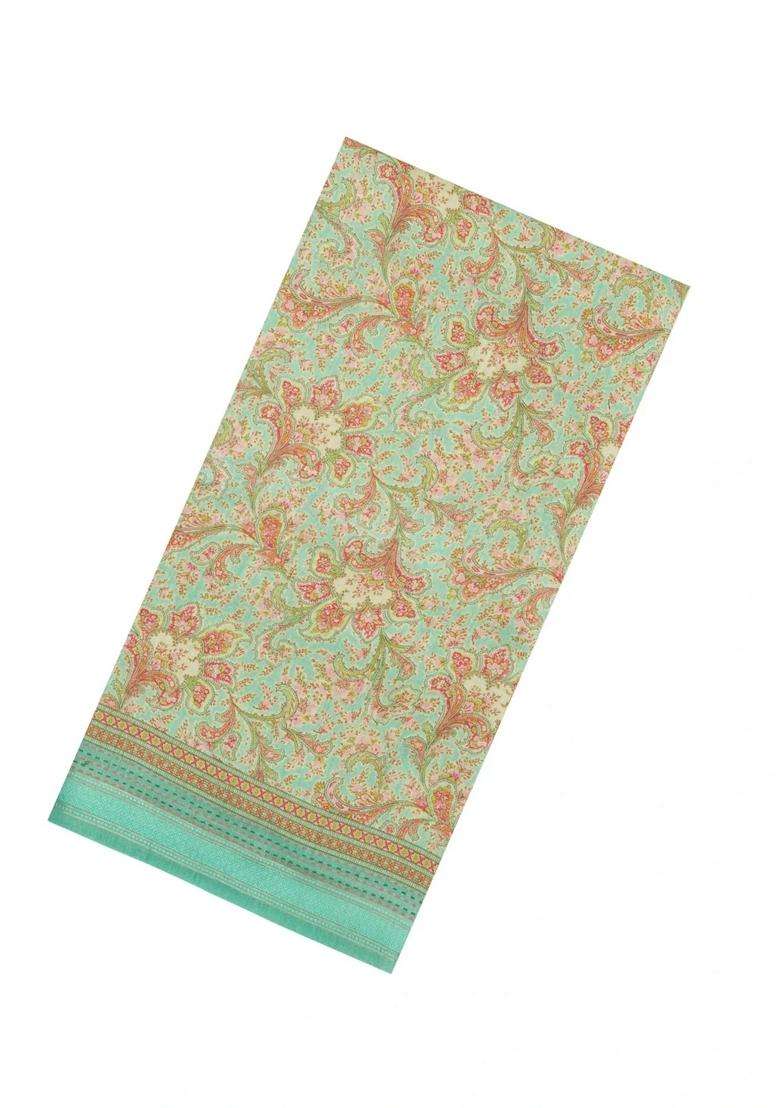 Aquamarine Printed Tussar Silk Saree With Floral Motifs For Women - Indya