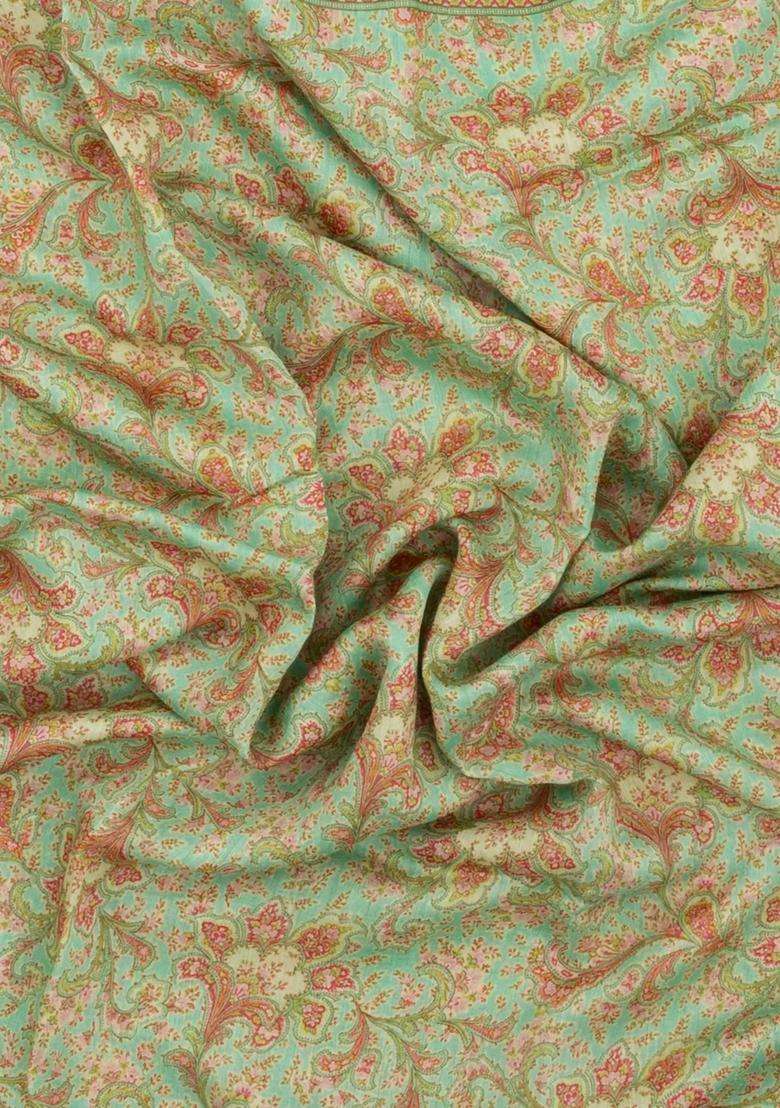 Aquamarine Printed Tussar Silk Saree With Floral Motifs For Women - Indya