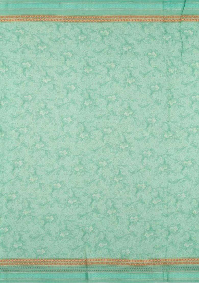 Aquamarine Printed Tussar Silk Saree With Floral Motifs For Women - Indya