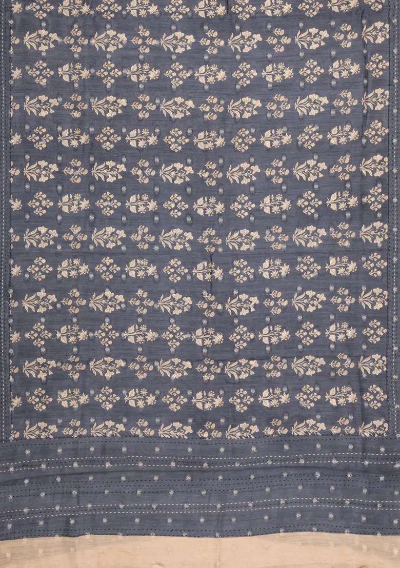 Dark Grey Printed Tussar Silk Saree With Floral Motifs For Women - Indya