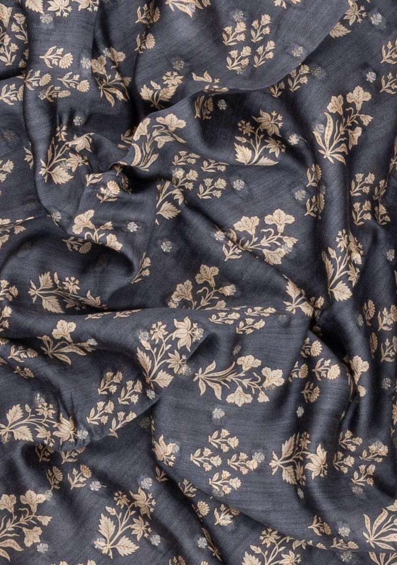 Dark Grey Printed Tussar Silk Saree With Floral Motifs For Women - Indya