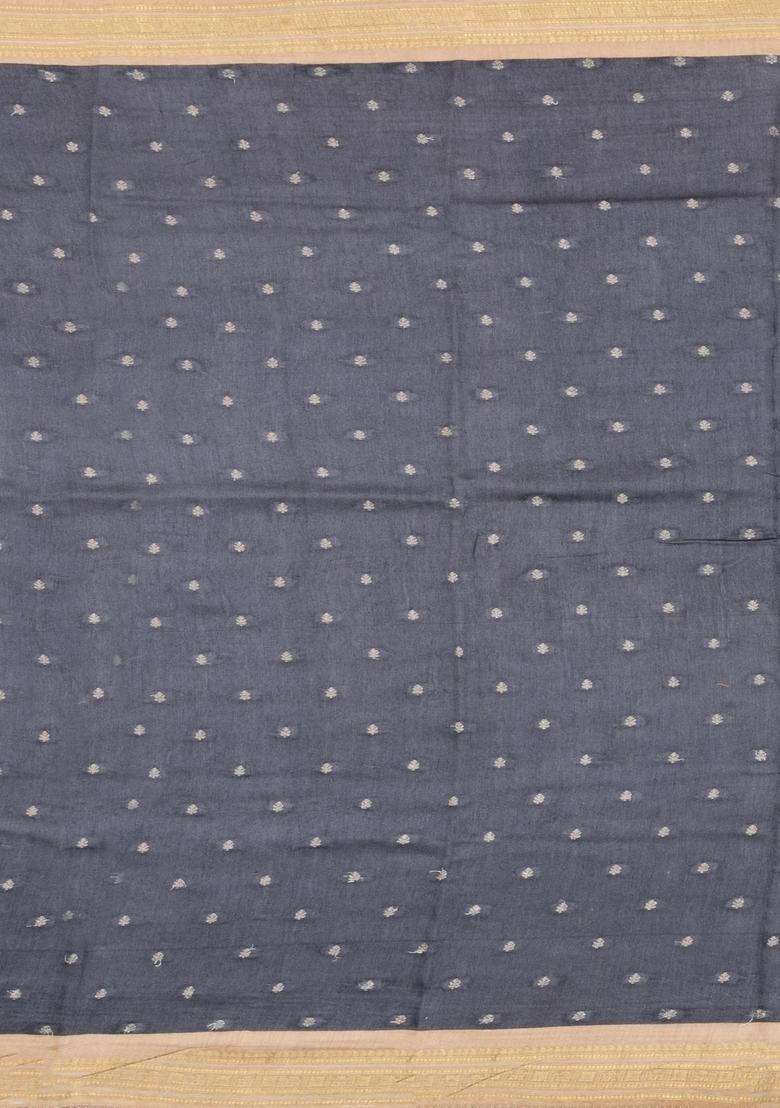 Dark Grey Printed Tussar Silk Saree With Floral Motifs For Women - Indya