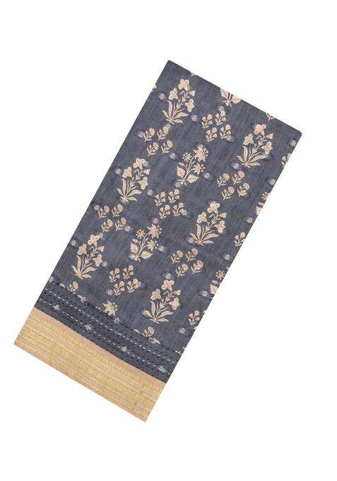 Dark Grey Printed Tussar Silk Saree With Floral Motifs For Women