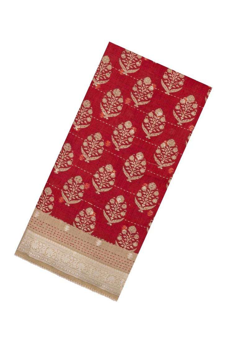 Red Printed Tussar Silk Saree With Floral Motifs For Women - Indya