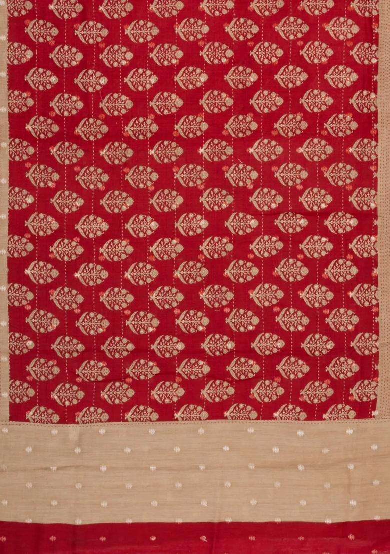 Red Printed Tussar Silk Saree With Floral Motifs For Women - Indya