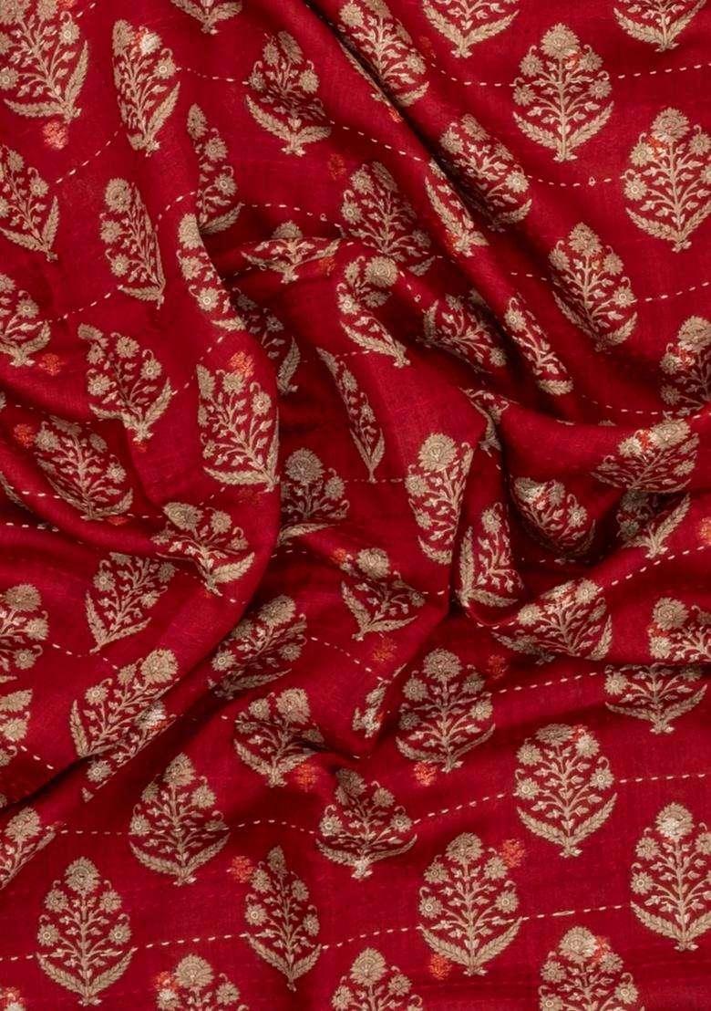 Red Printed Tussar Silk Saree With Floral Motifs For Women - Indya