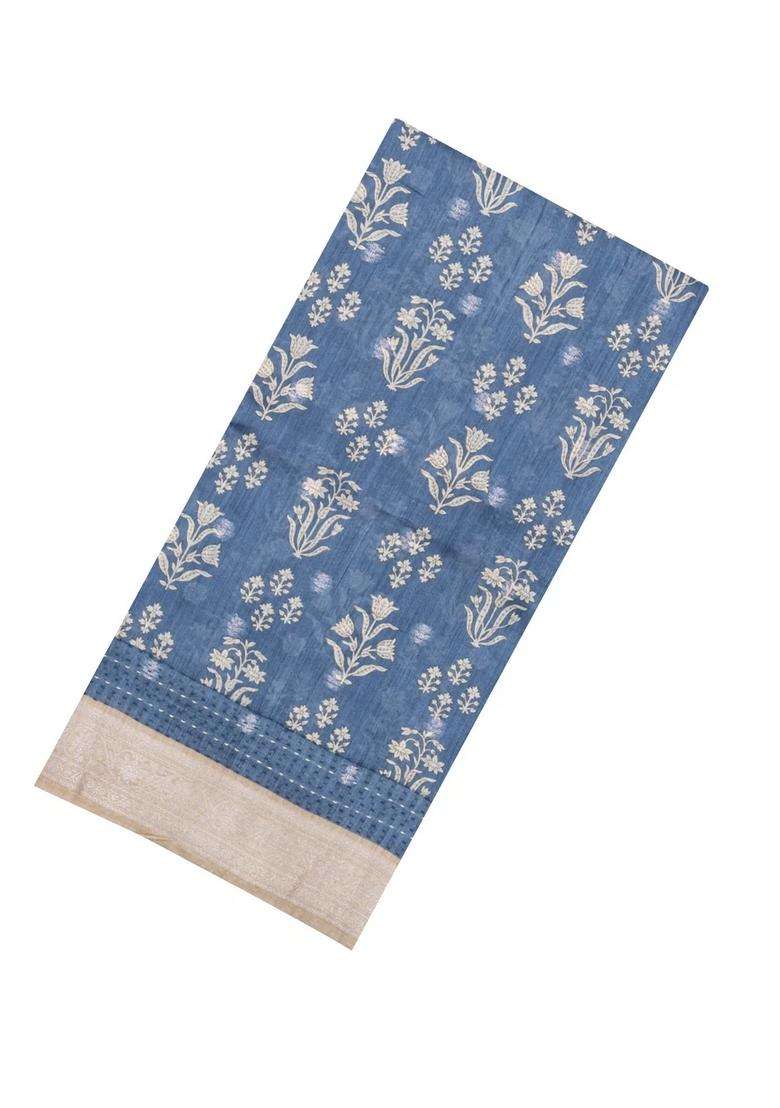 Steel Blue Printed Tussar Silk Saree With Floral Motifs For Women - Indya