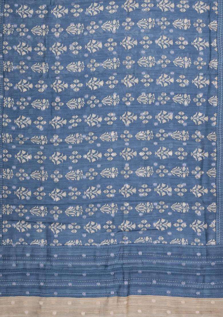 Steel Blue Printed Tussar Silk Saree With Floral Motifs For Women - Indya