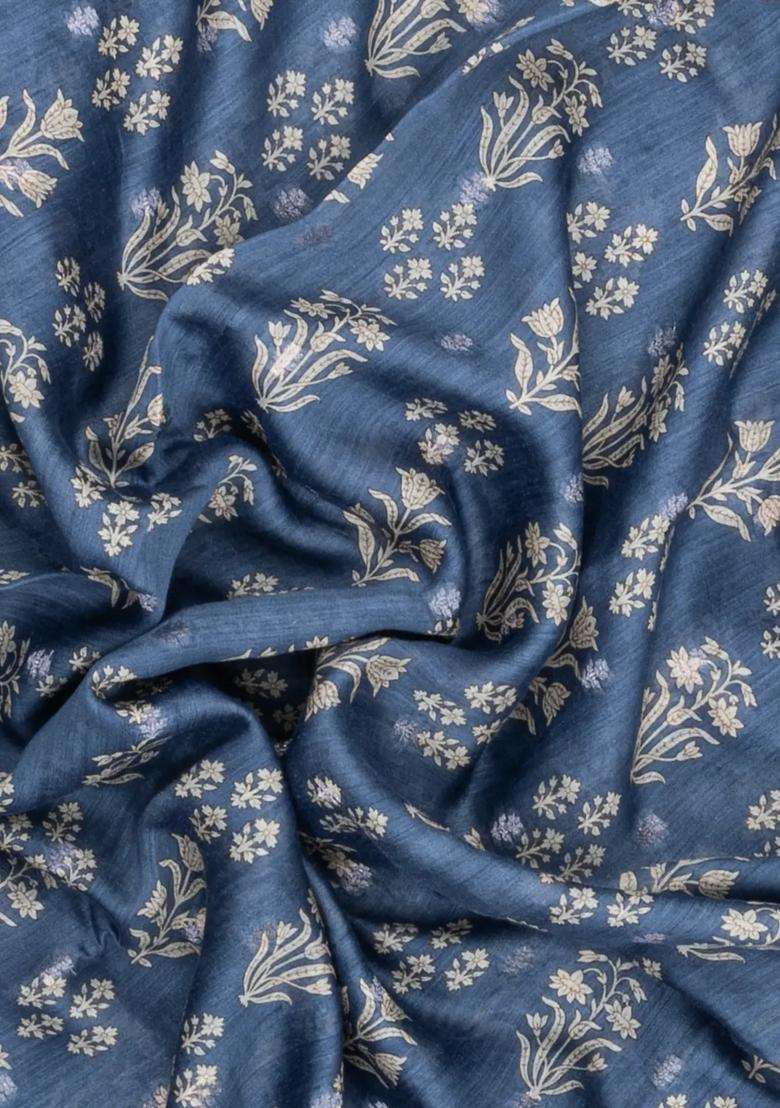 Steel Blue Printed Tussar Silk Saree With Floral Motifs For Women - Indya