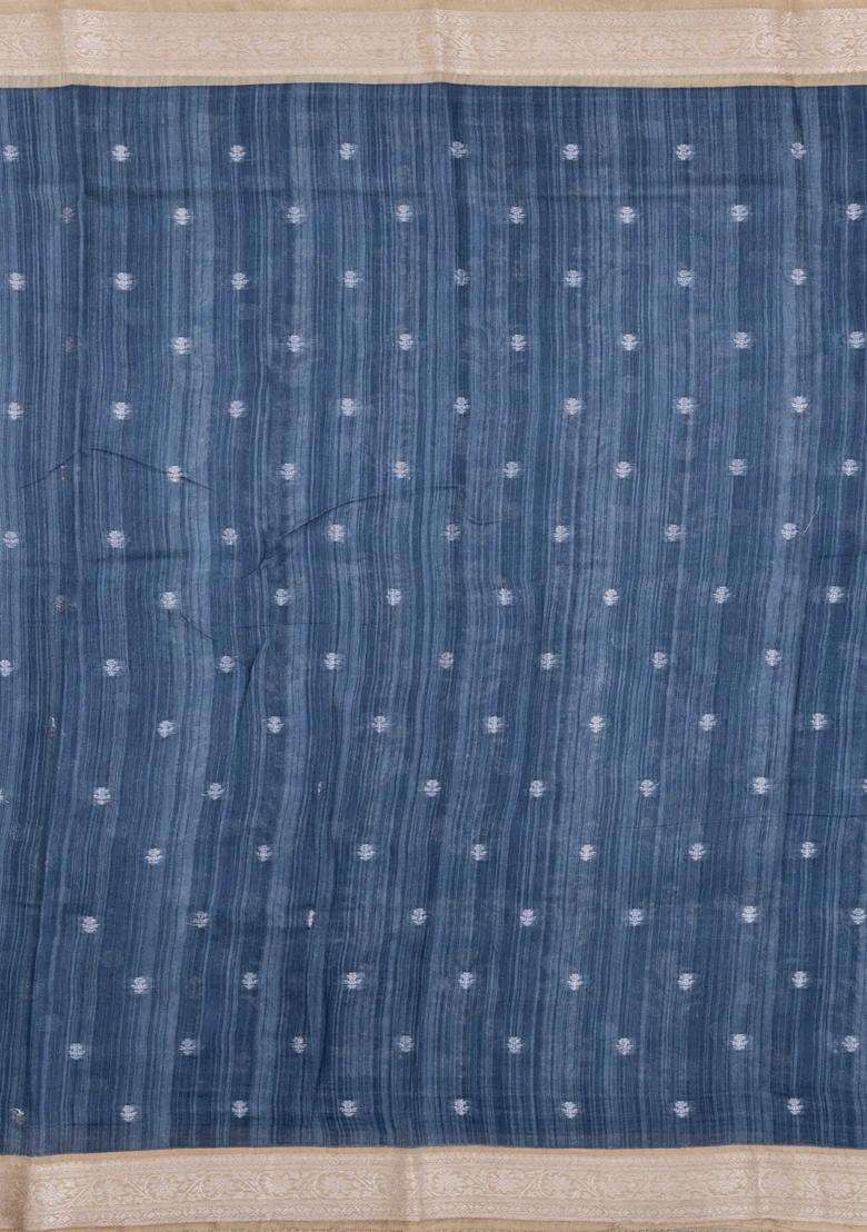 Steel Blue Printed Tussar Silk Saree With Floral Motifs For Women - Indya