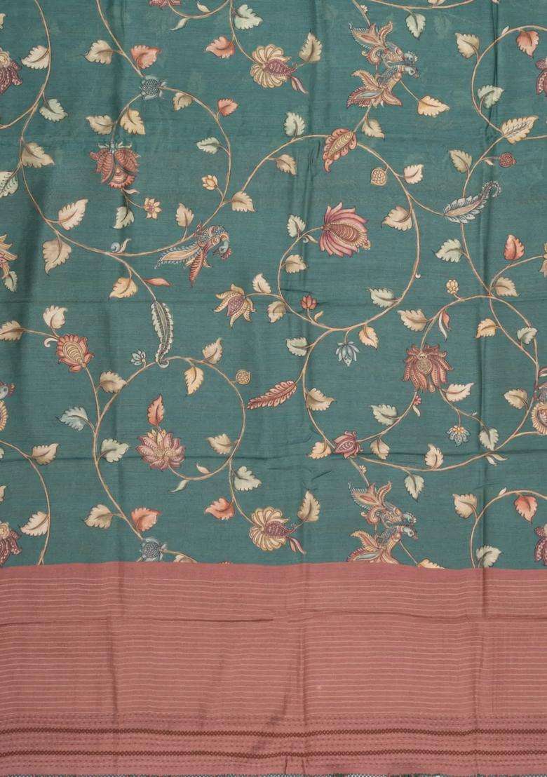 Olive Green Dark Green Printed Tussar Silk Saree With Kalamkari Motifs For Women - Indya