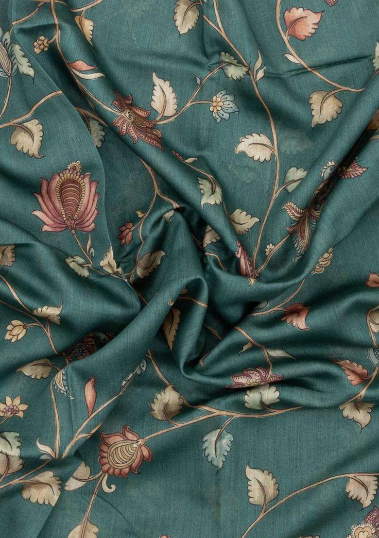 Olive Green Dark Green Printed Tussar Silk Saree With Kalamkari Motifs For Women - Indya
