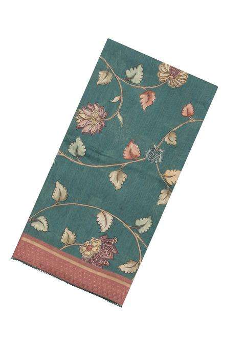 Olive Green Dark Green Printed Tussar Silk Saree With Kalamkari Motifs For Women