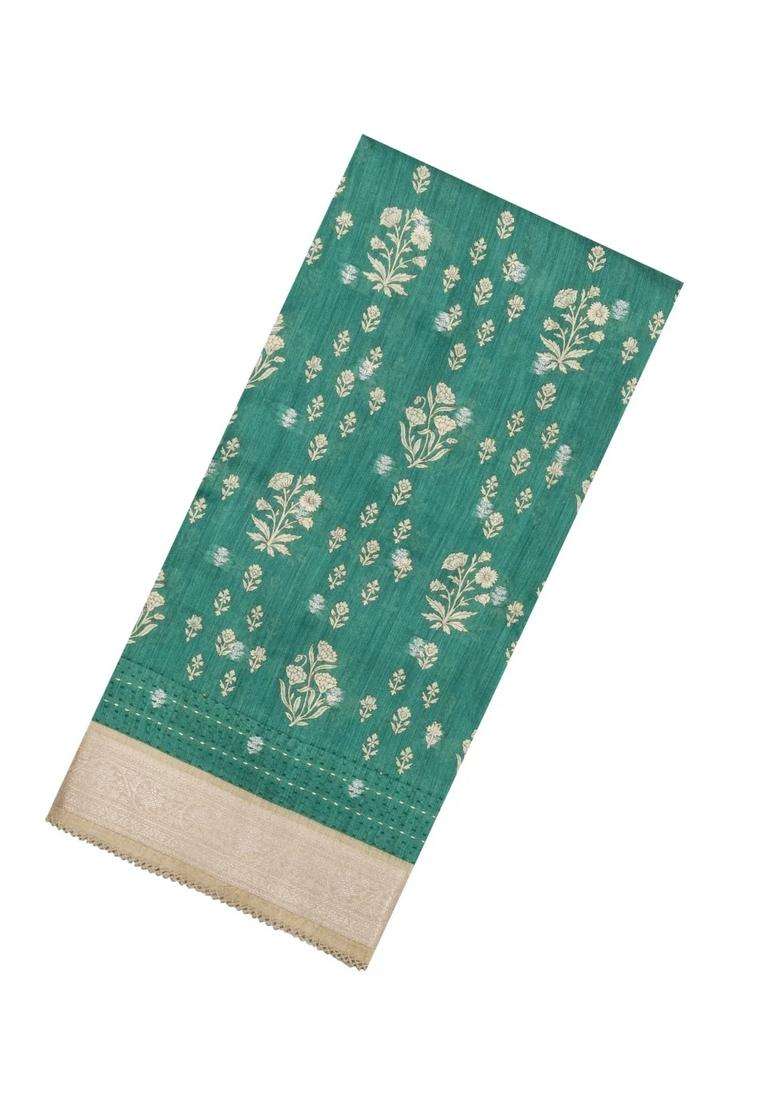 Sea Green Printed Tussar Silk Saree With Floral Motifs For Women - Indya