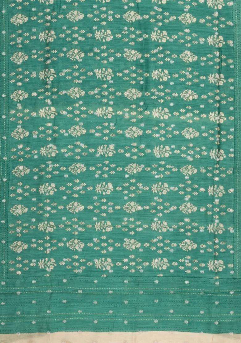 Sea Green Printed Tussar Silk Saree With Floral Motifs For Women - Indya