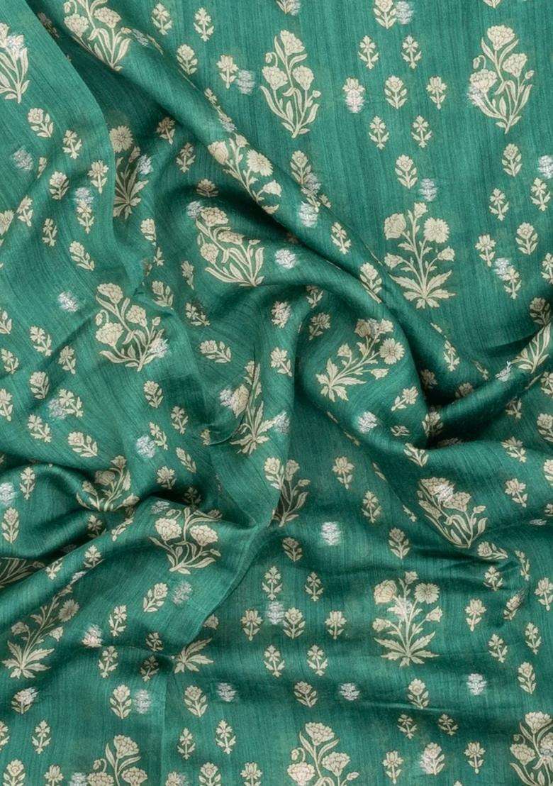 Sea Green Printed Tussar Silk Saree With Floral Motifs For Women - Indya