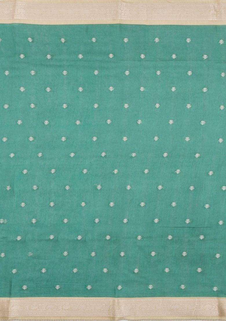 Sea Green Printed Tussar Silk Saree With Floral Motifs For Women - Indya