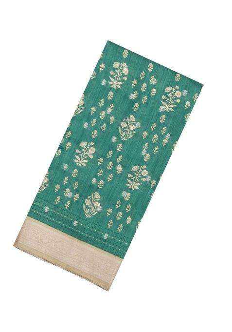 Sea Green Printed Tussar Silk Saree With Floral Motifs For Women