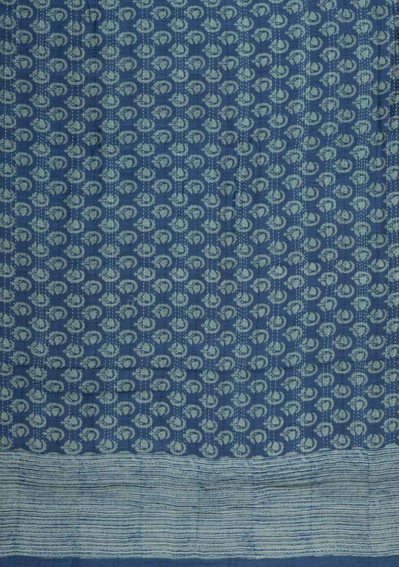 Indigo Printed Tussar Silk Saree With Floral Motifs For Women - Indya