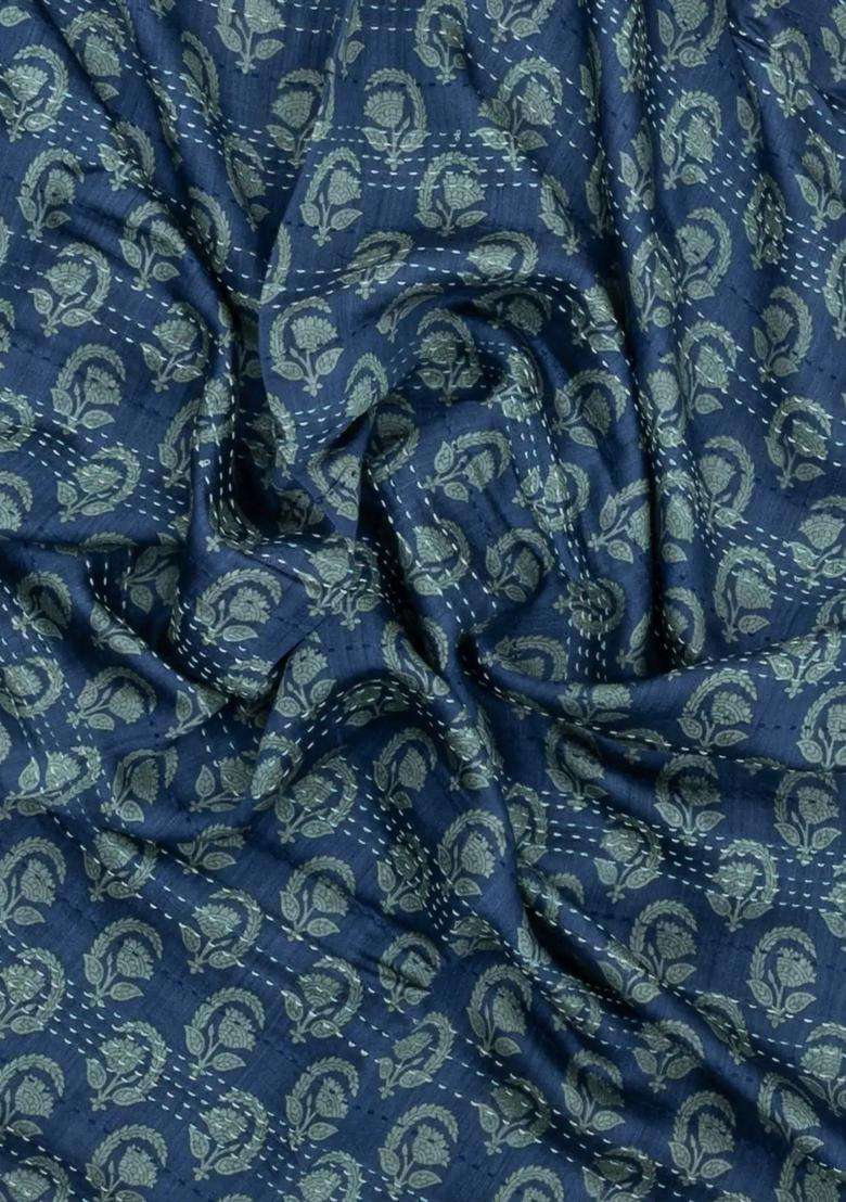 Indigo Printed Tussar Silk Saree With Floral Motifs For Women - Indya