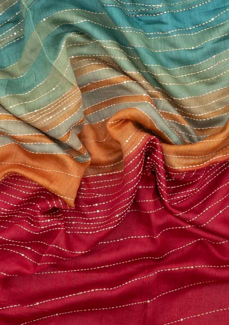 Multi Colour Printed Tussar Silk Saree With Abstract Motifs For Women - Indya