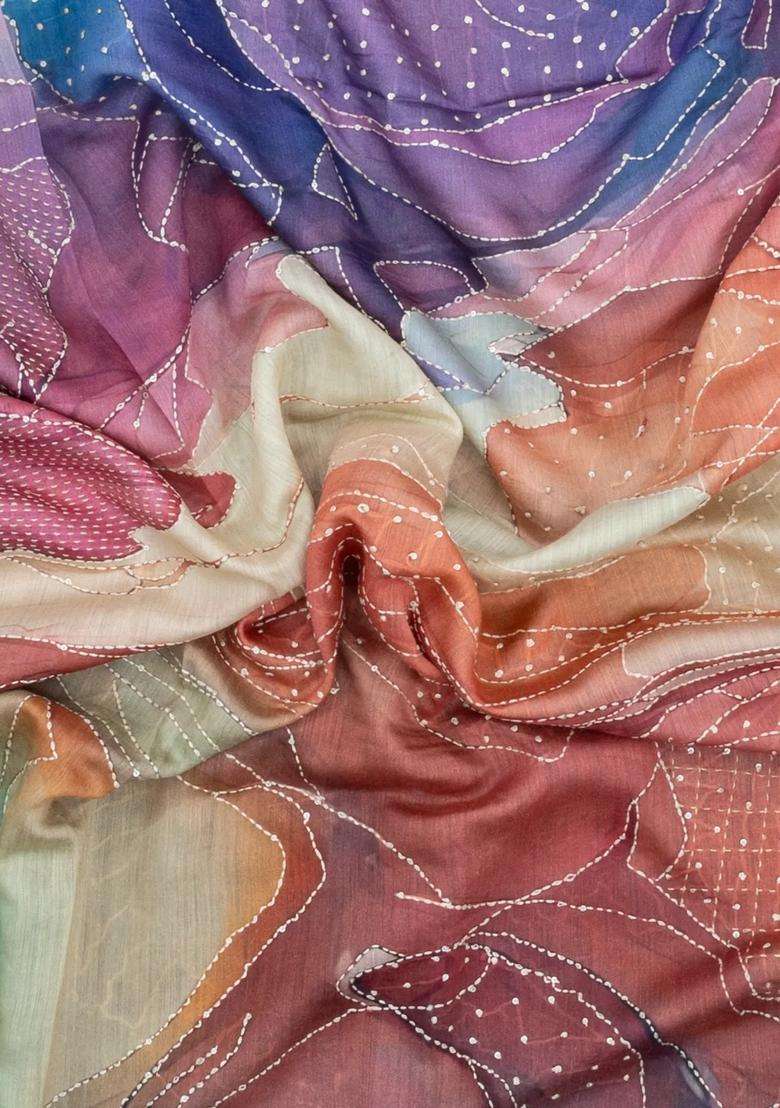 Multi Colour Printed Tussar Silk Saree With Abstract Motifs For Women - Indya