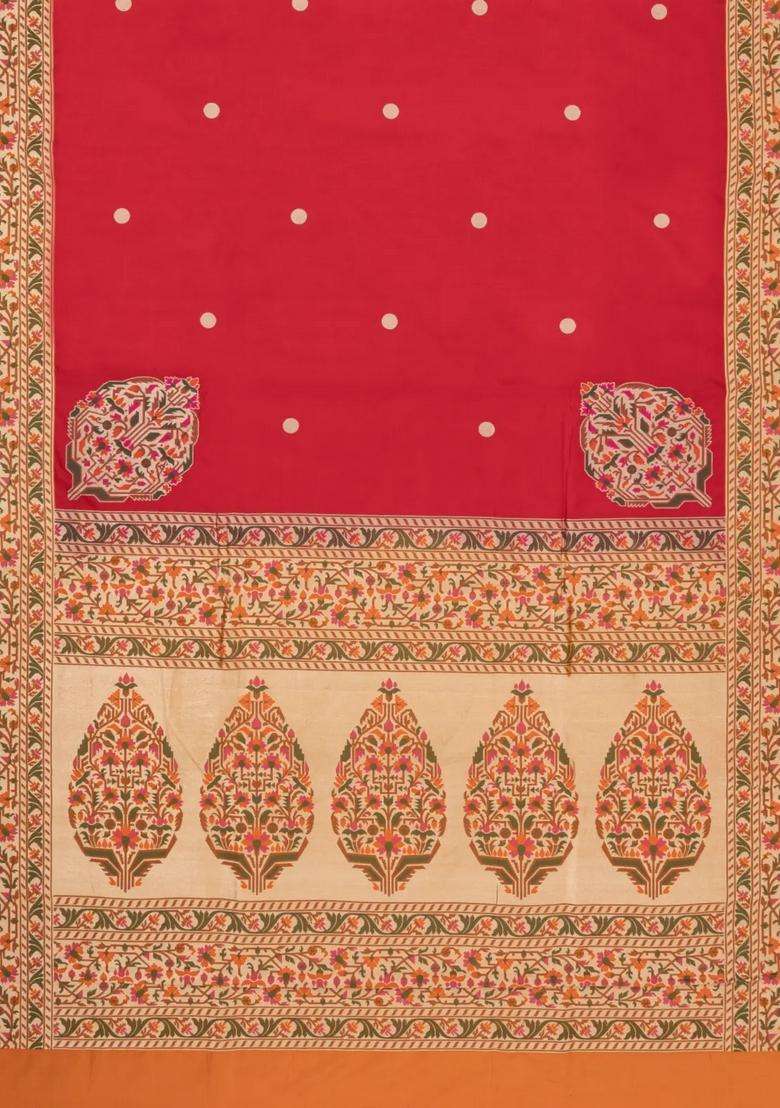 Red Handloom Banarasi Silk Saree With Meenakari Border With Buttas And Brocade Design For Women - Indya