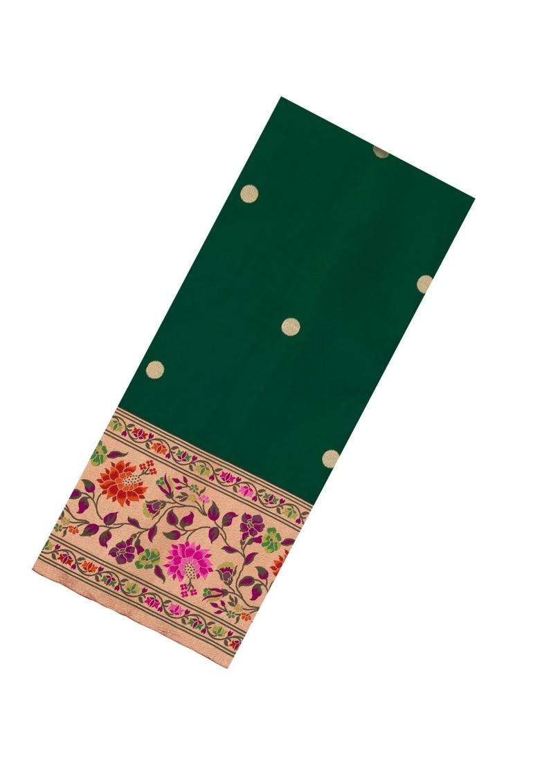 Dark Green Handloom Banarasi Silk Saree With Meenakari Border With Buttas And Brocade Design For Women - Indya