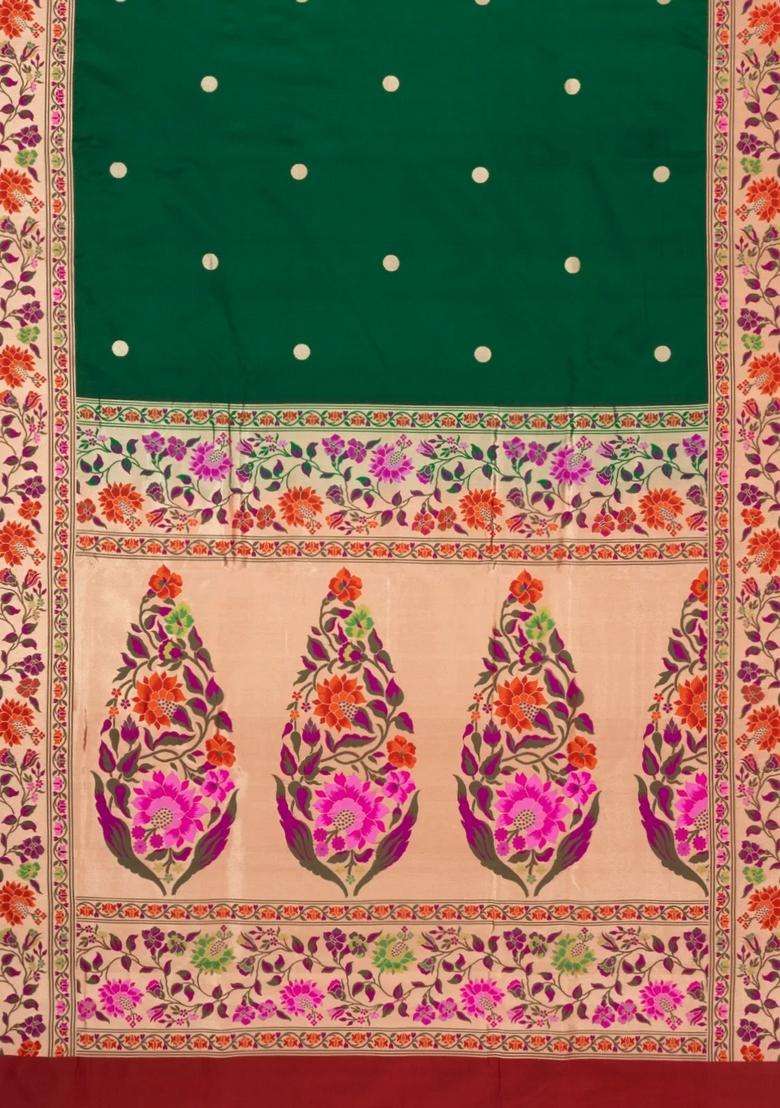 Dark Green Handloom Banarasi Silk Saree With Meenakari Border With Buttas And Brocade Design For Women - Indya