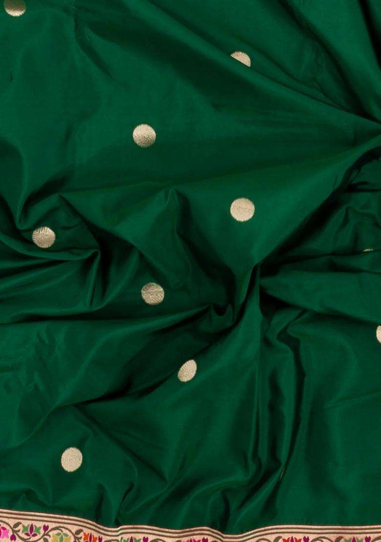 Dark Green Handloom Banarasi Silk Saree With Meenakari Border With Buttas And Brocade Design For Women - Indya