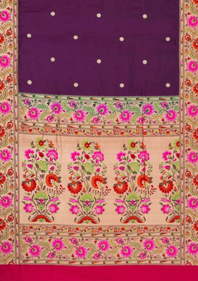 Dark Magenta Handloom Banarasi Silk Saree With Meenakari Border With Buttas And Brocade Design For Women - Indya