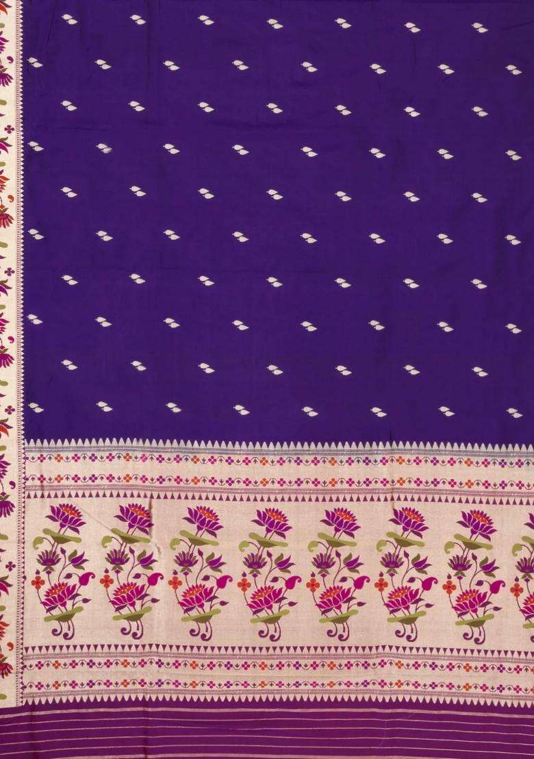 Dark Purple Handloom Banarasi Silk Saree With Floral Buttas Meena Borde With Buttas And Brocade Design For Women - Indya