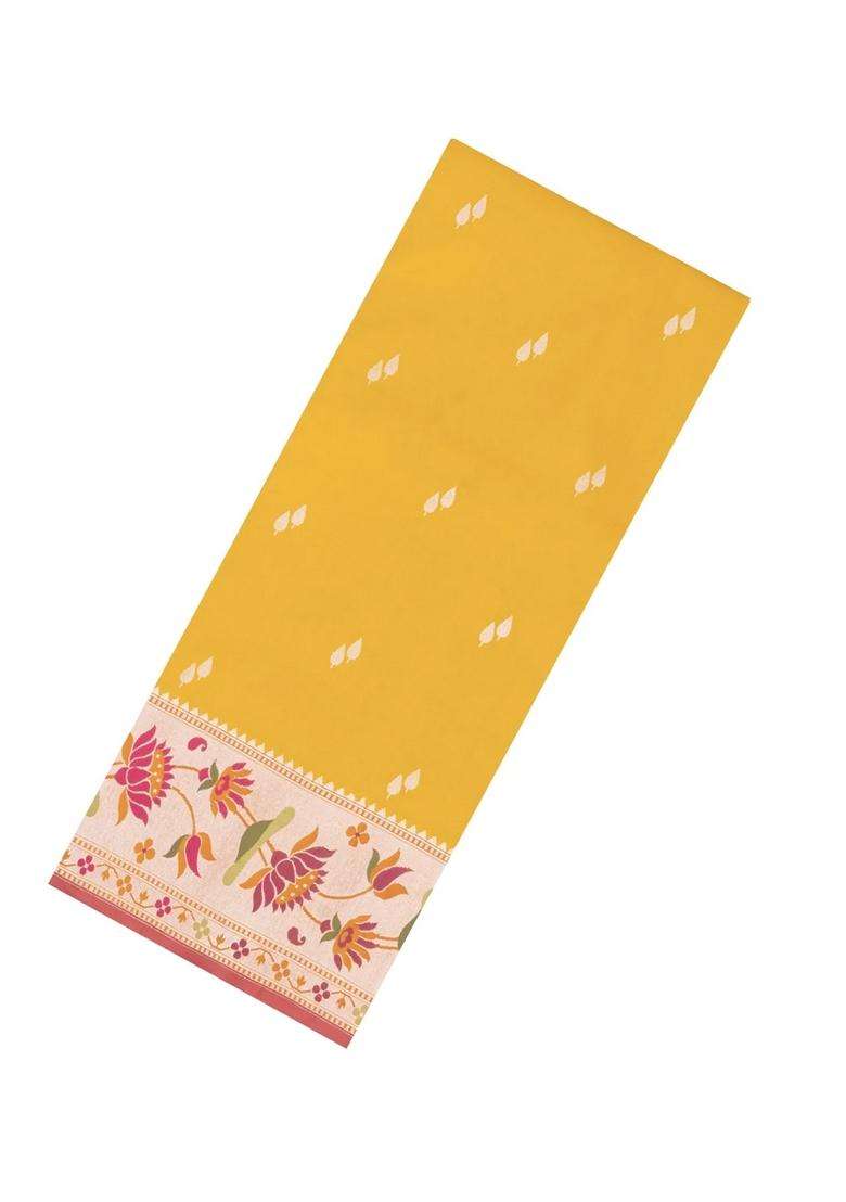 Mustard Handloom Banarasi Silk Saree With Floral Buttas Meena Borde With Buttas And Brocade Design For Women - Indya