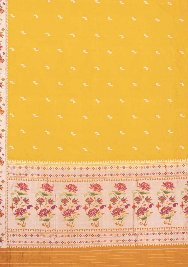 Mustard Handloom Banarasi Silk Saree With Floral Buttas Meena Borde With Buttas And Brocade Design For Women - Indya