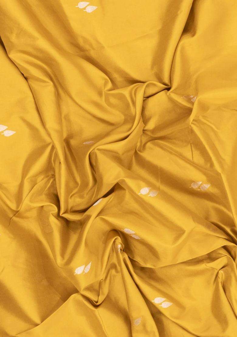 Mustard Handloom Banarasi Silk Saree With Floral Buttas Meena Borde With Buttas And Brocade Design For Women - Indya