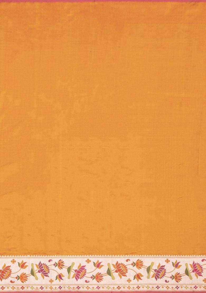 Mustard Handloom Banarasi Silk Saree With Floral Buttas Meena Borde With Buttas And Brocade Design For Women - Indya