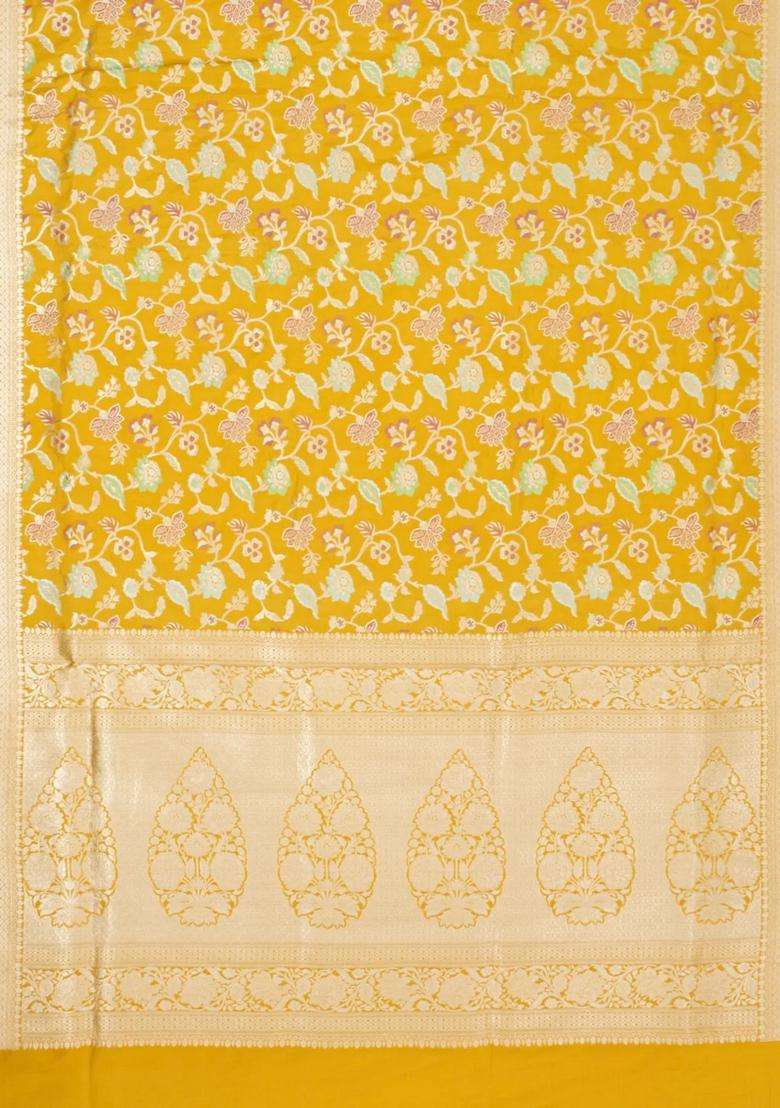 Mustard Handloom Banarasi Silk Saree With Meena Floral Motifs With Buttas And Brocade Design For Women - Indya