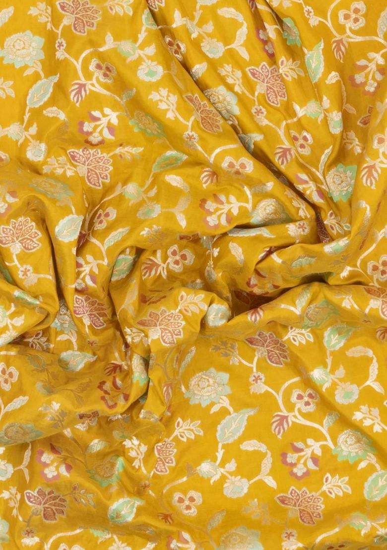 Mustard Handloom Banarasi Silk Saree With Meena Floral Motifs With Buttas And Brocade Design For Women - Indya