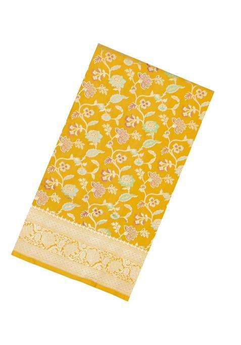 Mustard Handloom Banarasi Silk Saree With Meena Floral Motifs With Buttas And Brocade Design For Women