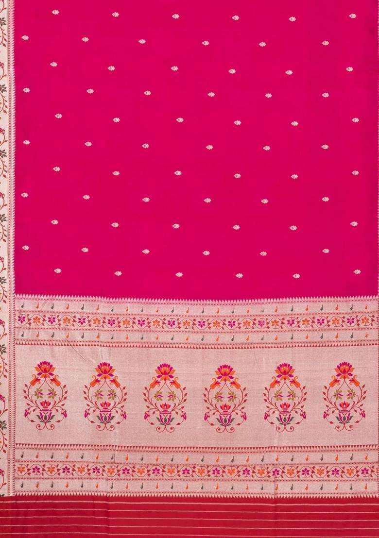 Pink Handloom Banarasi Silk Saree With Floral Buttas Meena Borde With Buttas And Brocade Design For Women - Indya