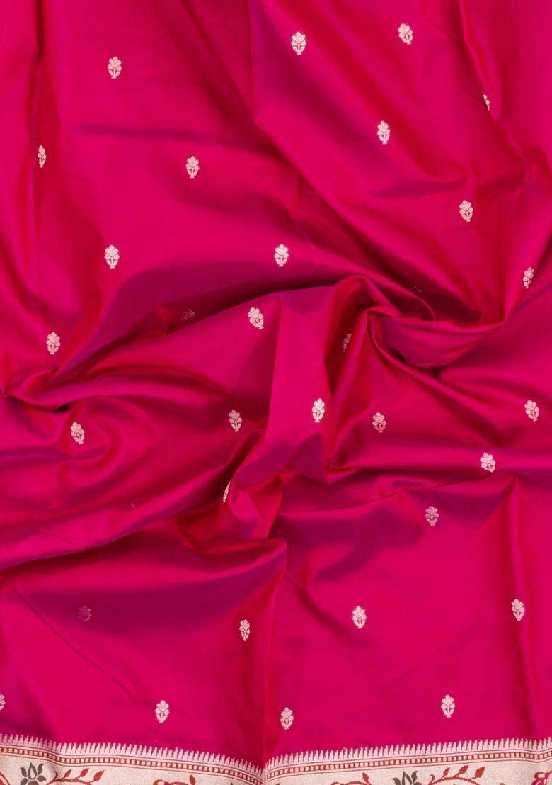 Pink Handloom Banarasi Silk Saree With Floral Buttas Meena Borde With Buttas And Brocade Design For Women - Indya