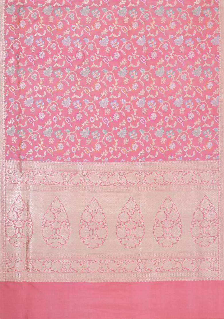Peach Handloom Banarasi Silk Saree With Meena Floral Motifs With Buttas And Brocade Design For Women - Indya