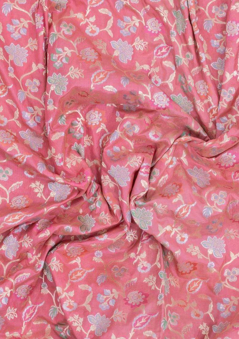 Peach Handloom Banarasi Silk Saree With Meena Floral Motifs With Buttas And Brocade Design For Women - Indya