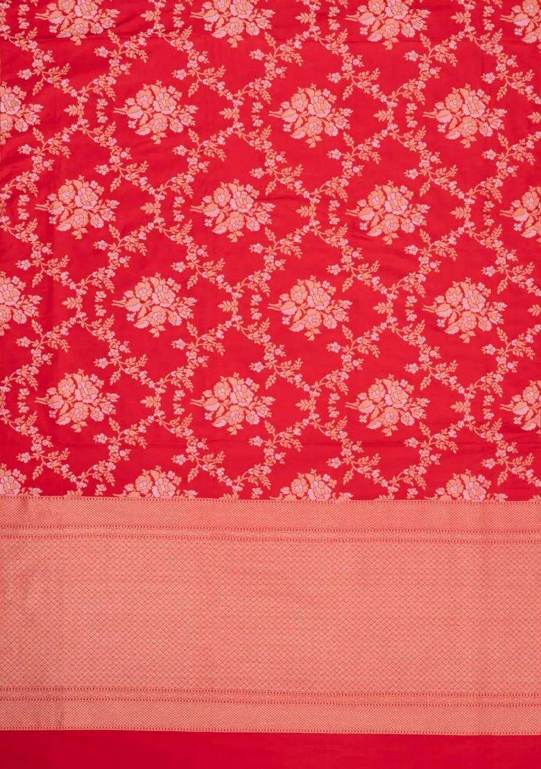 Red Handloom Banarasi Silk Saree With Meena Floral Motifs With Buttas And Brocade Design For Women - Indya