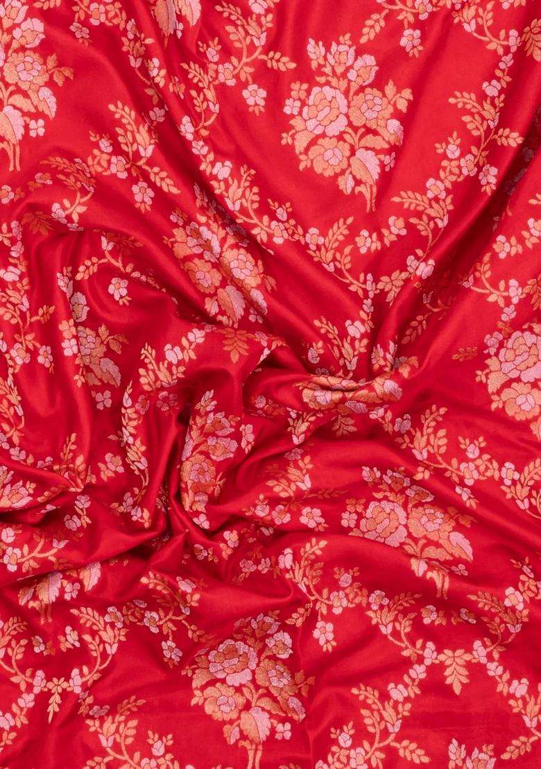 Red Handloom Banarasi Silk Saree With Meena Floral Motifs With Buttas And Brocade Design For Women - Indya