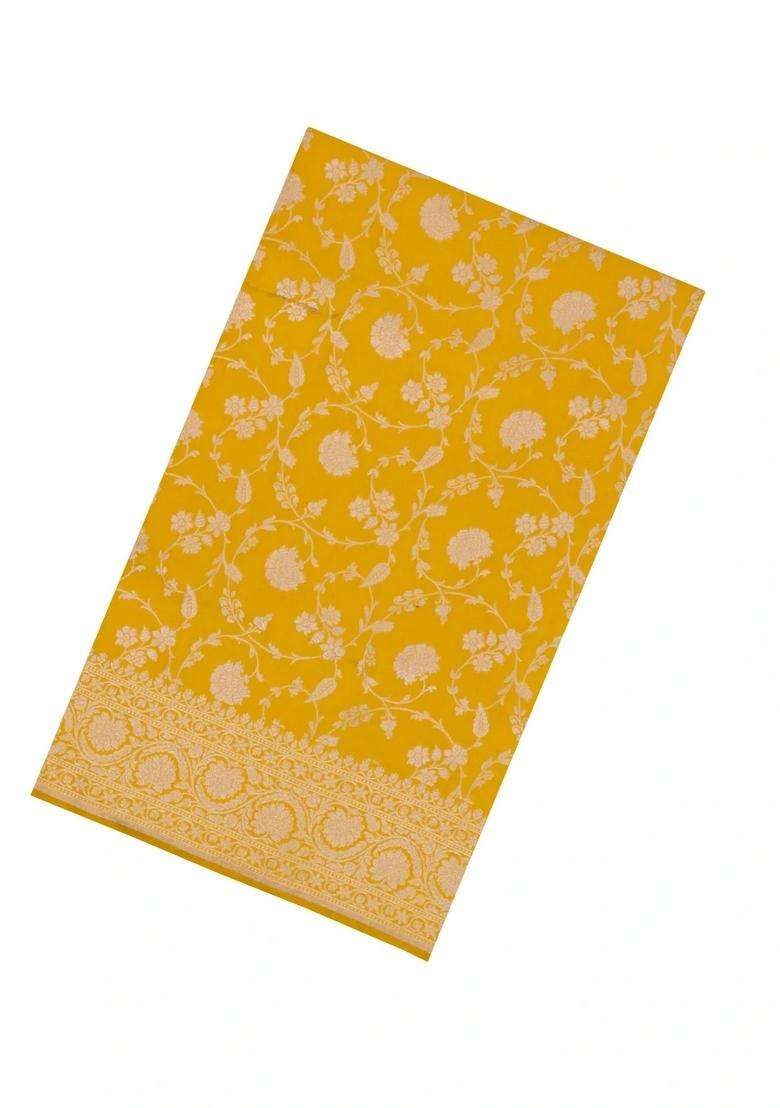 Mustard Handloom Banarasi Silk Saree With Floral Zari Motifs With Buttas And Brocade Design For Women - Indya