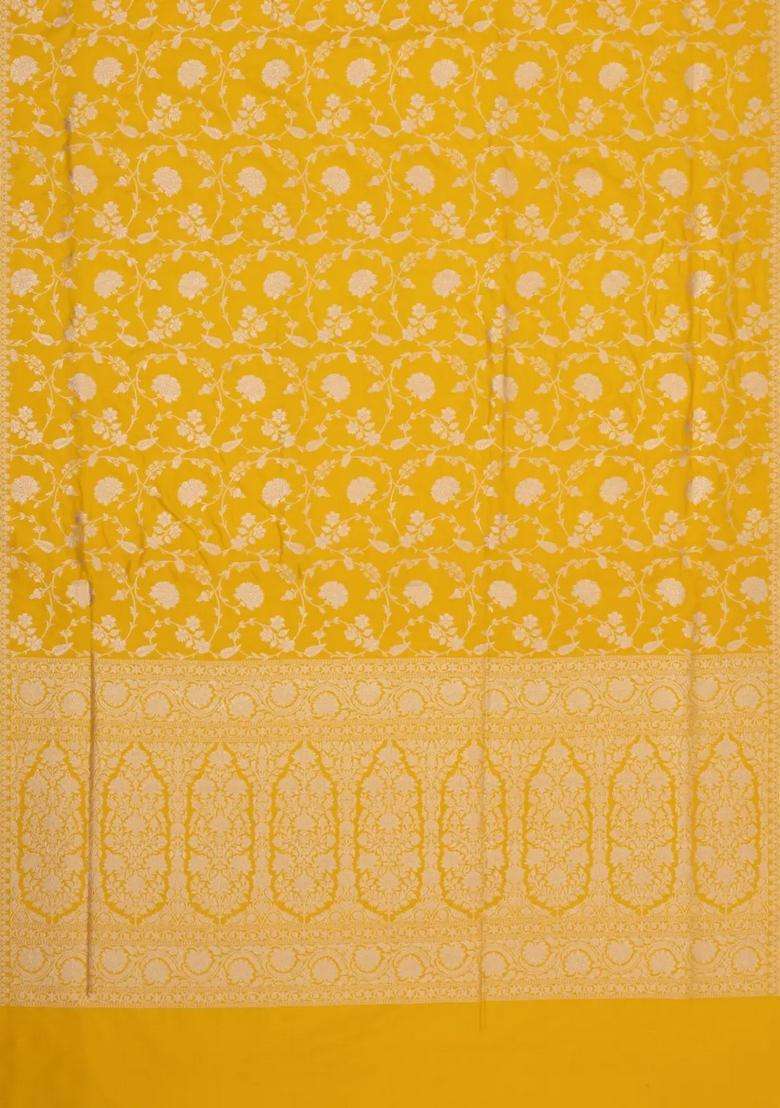 Mustard Handloom Banarasi Silk Saree With Floral Zari Motifs With Buttas And Brocade Design For Women - Indya